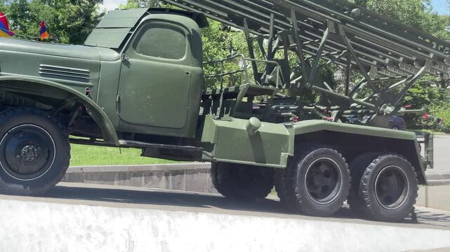 Soviet Katyusha BM-13 multiple rocket launcher displayed at Victory Park in Yerevan, Armenia, representing World War II military technology and history.