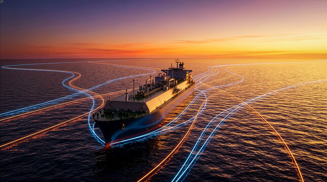A large cargo ship sailing on the sea with digital glowing route lines at sunset
