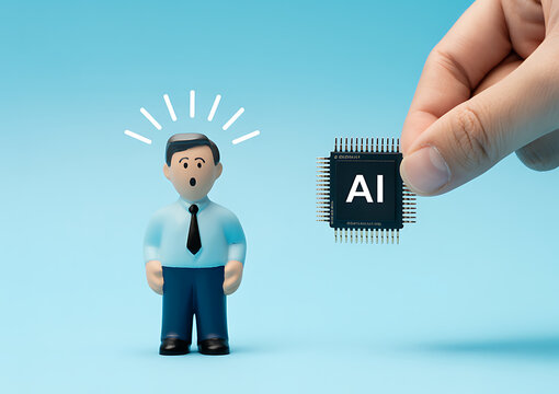 Concept of artificial intelligence and workforce impact. A hand holds an AI microchip next to a shocked worker figure. Future of technology and jobs.