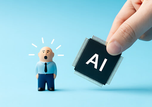 Concept of artificial intelligence and workforce impact. A hand holds an AI microchip next to a shocked worker figure. Future of technology and jobs.