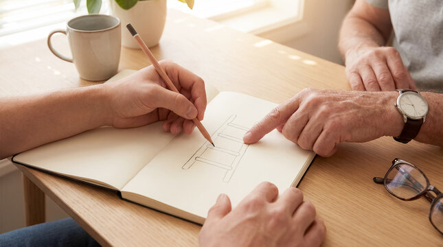 career coaching mentorship blank notebook mockup ladder guidance growth hands mentor and mentee sketch next steps on clean journal pages showing progress confidence and achievable professional