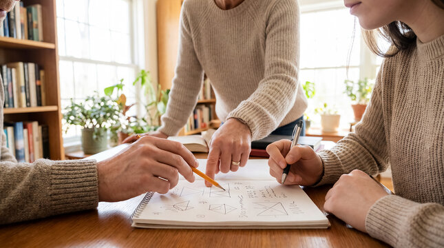 education mentorship tutoring student teacher learning guidance coaching support classroom adult learner receives patient help over workbook pages in bright study space with collaborative problem