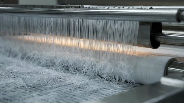 Detailed medium shot of meltblown polypropylene fibers being produced highlighting their role in hygiene products with delicate fiber distribution from molten polymer