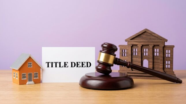 Title deed document with judge gavel and house models, real estate law and property auction concept, legal ownership and mortgage foreclosure