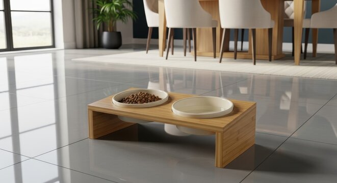 Elevated bamboo pet feeding station with two ceramic bowls filled with kibble and water