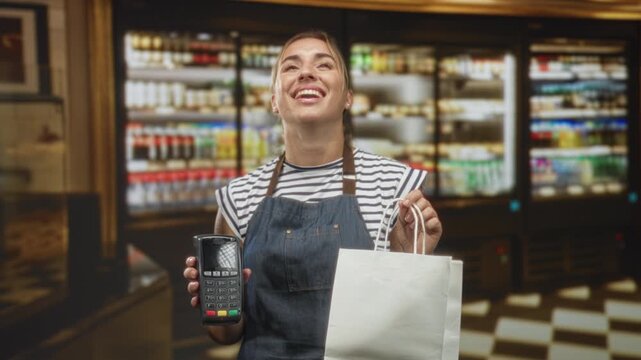 Young woman presenting dataphone and paper bag in grocery store, smiling and offering contactless payment; friendly service.