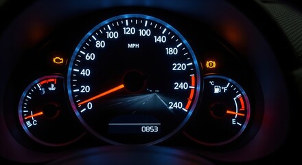 Fototapeta premium Car Dashboard Speedometer and Gauges with Warning Lights at Night