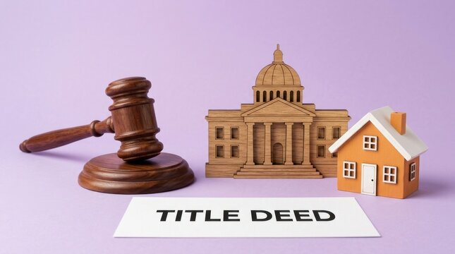 Real estate law concept with wooden judge gavel, house model and title deed document, property auction and legal ownership rights on purple background