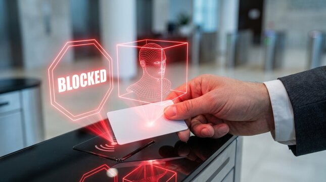 Macro-AccessCard-RFIDScanner-SyntheticIdentity-BlockedHUD-Minimalist