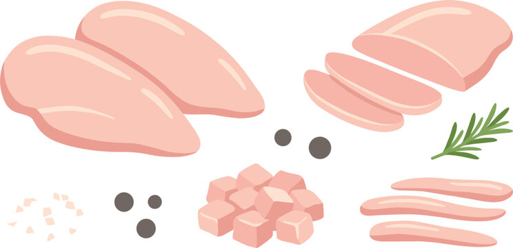 Raw Chicken Breast Cuts Vector Set featuring Whole Sliced Strips and Diced Cubes with Rosemary Salt and Peppercorns for Butcher Shop Designs