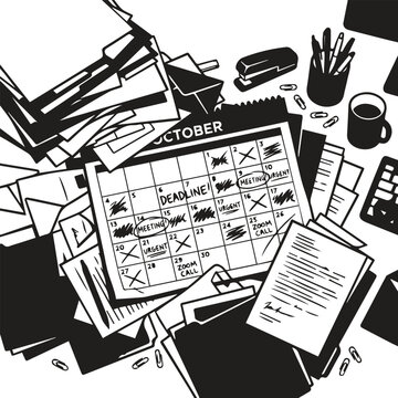 Messy desk with october calendar marked with urgent deadlines, deadline