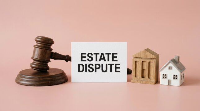 Estate dispute legal concept with wooden judge gavel, house model and court building icon on pink background, inheritance law litigation