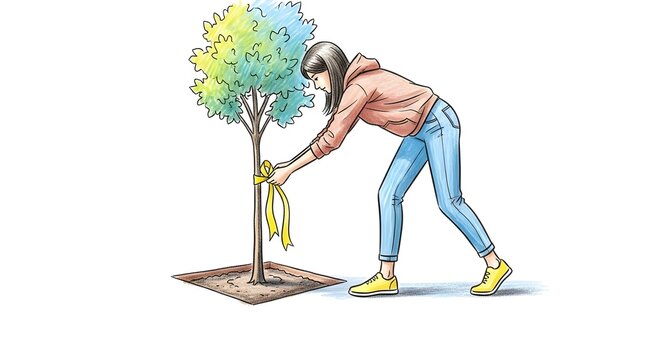 Woman planting colorful tree in garden with care and joy.