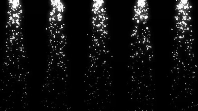 Falling white glitter stars and sparkling stardust overlay animation on black background, fast glowing confetti star rain with twinkling magical brilliance, seamless 4k loop for festive cosmic eventsv