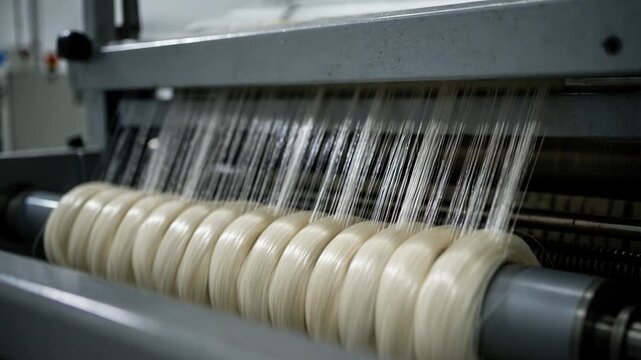 Medium shot capturing lubricated fiber tows flowing smoothly into compact sliver bundles emphasizing the glossy finish and fluid motion for improved processing efficiency