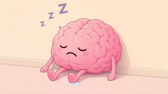 A cartoon brain character in soft pink color, eyes closed, with a small frown and drool. It has two arms and legs, both pink, resting on a simple wall. 'zzz' symbols are floating above its head. 