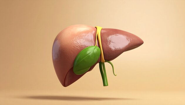 A 3D rendered image of a human liver with a green gallbladder