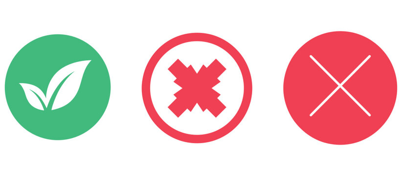 Green check leaf icon and red cross icons on white background vector illustration.