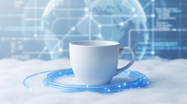 White coffee cup wrapped in glowing fiber-optic cable resting on soft clouds, representing high-speed global connectivity and remote work.