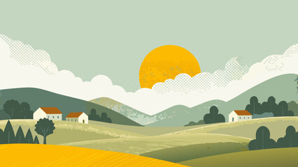 Rolling hills landscape illustration with houses and a large yellow sun © Bikas