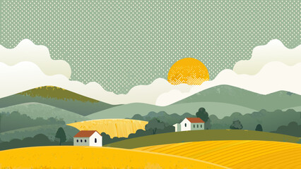 Rolling hills landscape illustration with houses and a golden sun © Bikas