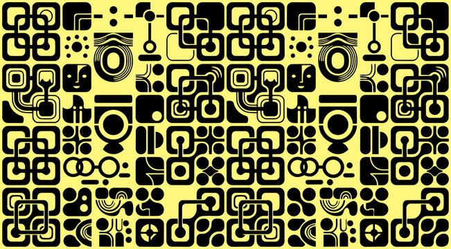 Vibrant mid-century modern geometric pattern with minimalist flat colorful rounded squares and stars, Bauhaus style background in red, blue and mustard colors, retro bizarre abstract ornament