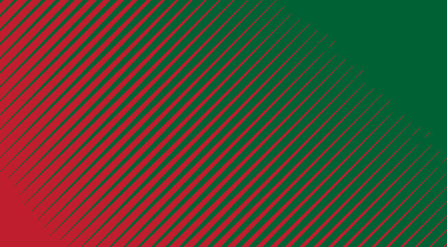 Halftone gradient texture from thick to thin diagonal line, Fade oblique stripe gradation minimalistic ornament, Red - Green slanted pattern backdrop, abstract geometric brutalism striped background