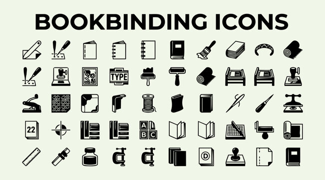 Book Binding Letterpress Printing Icon Set Bone Folder Awl Pamphlet Stitch Coptic Case Binding Glue Text Block Headband Book Cloth Foil Stamp Type Block Ink Brayer Vector