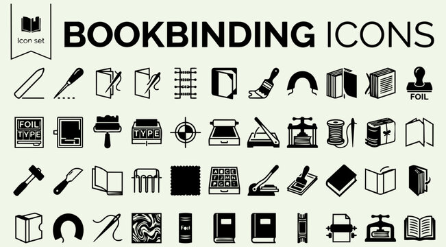 Book Binding Letterpress Printing Icon Set Bone Folder Awl Pamphlet Stitch Coptic Case Binding Glue Text Block Headband Book Cloth Foil Stamp Type Block Ink Brayer Vector