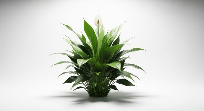Vibrant peace lily houseplant with lush green leaves and white spathe on white background