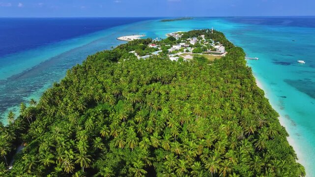 Aerial view of a lush tropical island covered in dense palm trees surrounded by turquoise coral reefs and clear blue ocean waters in Fulhadhoo, Baa Atoll, Maldives.