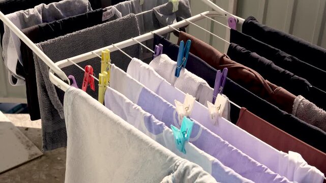 Clothes and linens are dried on a clothesline with clothespins on the balcony of the house, outside in the fresh air, in the sun.