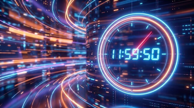 Digital clock display with time ticking 11:59:50 surrounded by glowing data lines.