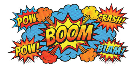Colorful comic book speech bubble set with text expressions like boom pow crash and blam in pop art style © AuraGraphics