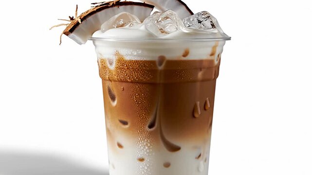 Iced coconut latte with fresh coconut slices in plastic cup.