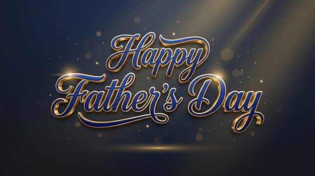 Golden 'Happy Father's Day' script with blue outlines, sparkling on a dark background, illuminated by light rays and festive bokeh, celebrating fathers