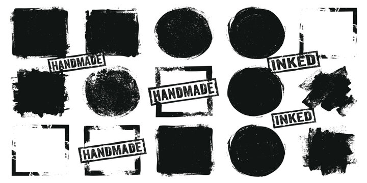 Set of black ink brush strokes and stamp textures with handmade and inked labels for creative graphic design