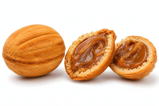 Traditional walnut shaped cookies with condensed milk filling isolated on white background