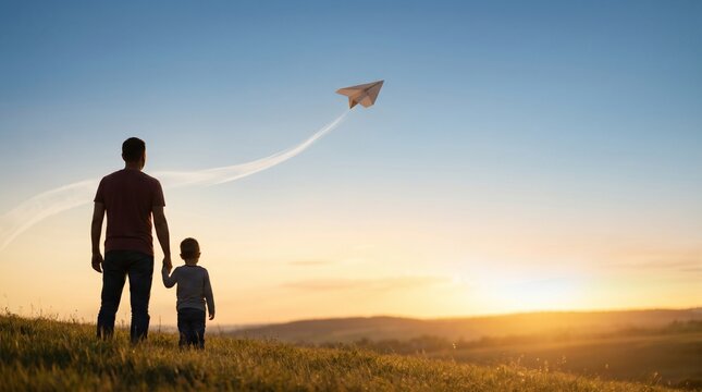 A tender moment between a father and his child, watching a paper airplane soar into the vibrant sunset sky, representing shared dreams, boundless hope, and life's journey
