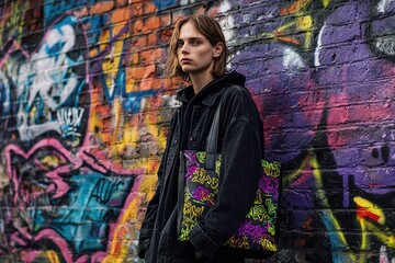 Naklejka premium black tote bag with neon graffiti style prints for streetwear look