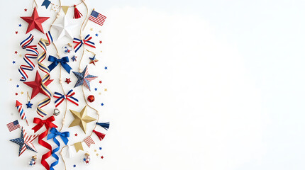 Fototapeta premium Festive red, white, and blue decorations featuring stars, ribbons, and small flags, artfully arranged on a clean white background to signify national pride and celebration