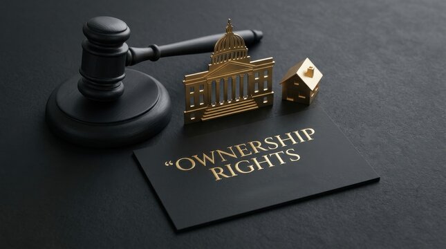 Ownership rights legal concept, judge gavel with golden house and government building icons, real estate law and property legislation concept