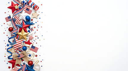 Fototapeta premium Red, White, and Blue Patriotic Stars and Ribbons Border on a White Background - Celebration and Independence Day Decor