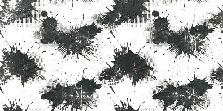 Abstract seamless pattern with black ink splatter shapes and grunge halftone dot textures for creative design