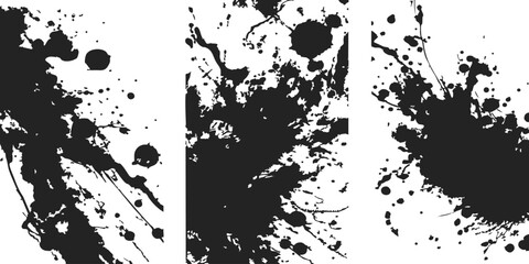 Obraz premium Set of three abstract black ink splatter shapes and paint brush stroke designs for creative art projects
