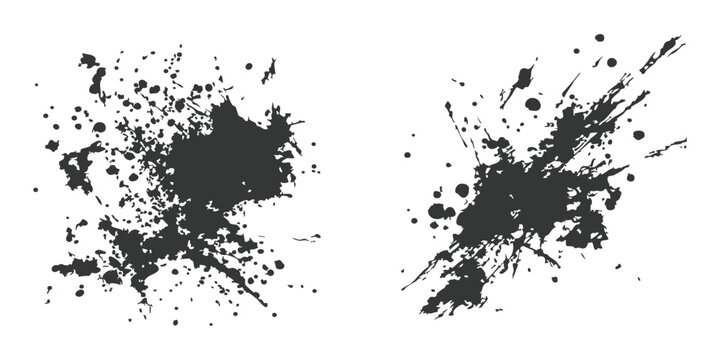 Two dark black ink splatter shapes with messy drops and rough texture for creative artistic design project