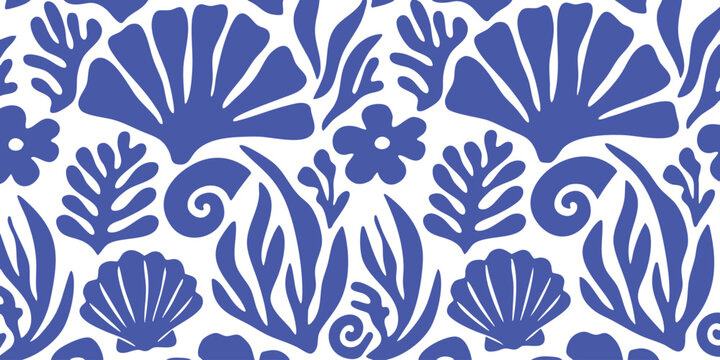 Seamless pattern with blue seashells and tropical sea plants in a simple hand drawn paper cut out art style