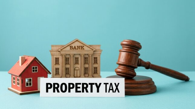 Property tax concept with house model and judge gavel, real estate law and bank building, mortgage foreclosure and legal auction theme