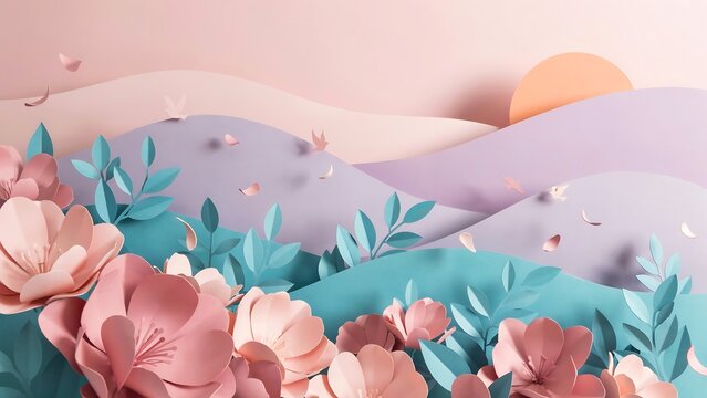 Whimsical papercraft landscape with delicate pink flowers and green leaves under a pastel sunset