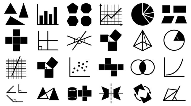 Essential silhouette icons representing geometry, mathematics, and data analysis for digital projects and educational materials, providing clear and concise visual concepts